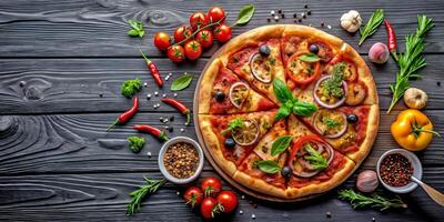 een heerlijk pizza geladen met ingrediënten en kruiden, kopiëren ruimte foto