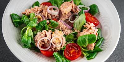 zeevruchten salade tonijn, tomaat, groen blad sla, ui aan het eten Koken voorafje maaltijd voedsel tussendoortje foto