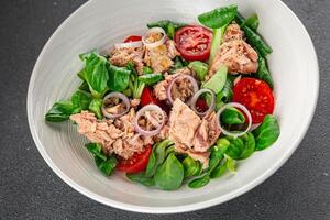 tonijn salade, tomaat, groen blad sla, ui gezond aan het eten Koken voorafje maaltijd voedsel tussendoortje Aan de tafel kopiëren ruimte voedsel achtergrond rustiek top visie foto