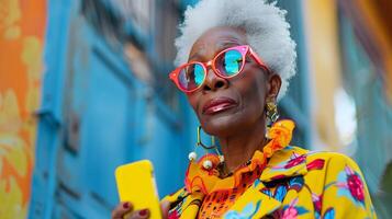 elegant vrouw met wit haar- gebruik makend van cel telefoon. generatief door ai foto