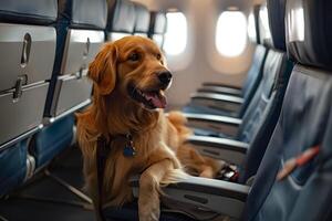 hond zittend Aan vliegtuig stoel. generatief door ai foto