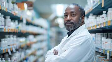 een Mens vervelend een wit laboratorium jas staand in een apotheek gangpad gevulde met schappen van medicijnen. generatief-ai foto