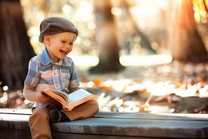 schattig weinig jongen lezing heilig Bijbel boek Bij platteland foto