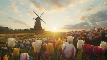 landschap van kleurrijk tulp veld- en traditioneel Nederlands windmolen in Nederland foto