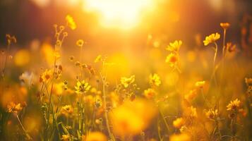 mooi veld- van geel madeliefje bloemen in zonsondergang licht foto