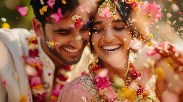 Indisch bruid en bruidegom Bij verbazingwekkend Hindoe bruiloft ceremonie. foto