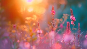 mooi veld- van Purper bloemen in zonsondergang licht foto