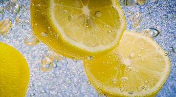 onderwater- citroen plak in Frisdrank water of limonade met bubbels. foto