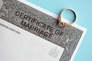 Canadees certificaat van registratie van huwelijk blanco document en bruiloft ring foto