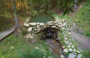 dichtbij omhoog van een klein waterval morsen over- mos gedekt rotsen in regionaal park. handgemaakt rivier- waterval foto