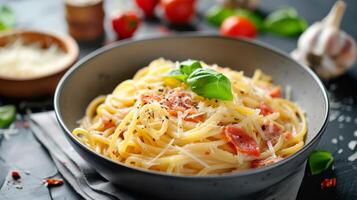 heerlijk Carbonara pasta met Italiaans spek, kaas, en basilicum Aan fijnproever schotel foto