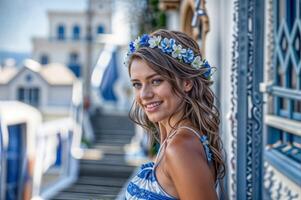 elegant vrouw in Grieks traditioneel jurk met bloemenkroon glimlacht Aan een zomer dag tegen een mooi trappenhuis architectuur backdrop foto