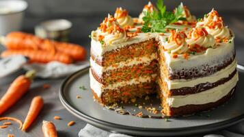 heerlijk wortel taart met gelaagde glimmertjes en decadent suikerglazuur Aan een fijnproever toetje bord foto