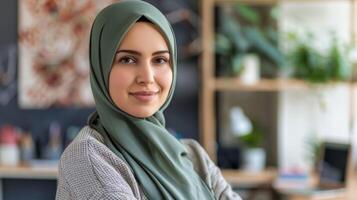 portret van een zelfverzekerd hijab dragen professioneel vrouw web ontwikkelaar in een modern kantoor milieu foto