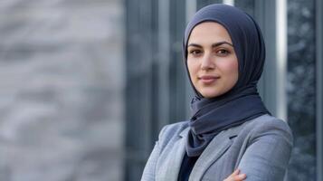 portret van een professioneel vrouw in hijab tonen vertrouwen en verscheidenheid in een modern zakelijke instelling foto