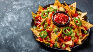 heerlijk nacho's met Salsa, jalapeño, tortilla chips, en kaas geserveerd net zo een pittig Mexicaans voorafje foto