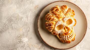 pan de muerto traditioneel Mexicaans brood Aan een bord met dia de los Muertos suiker schedel ontwerp foto