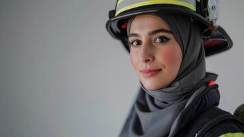 brandweerman in hijab shows sterkte en vertrouwen in haar uniform en helm foto