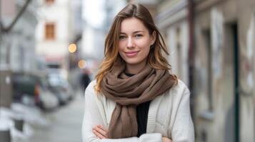 portret van een glimlachen vrouw met schoonheid en vertrouwen vervelend een sjaal Aan een chique stedelijk straat foto