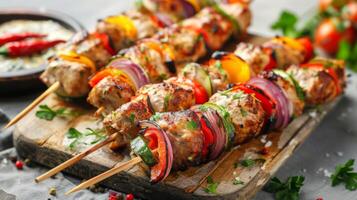 heerlijk gegrild kebab spiesjes met vlees en groenten geserveerd Aan houten bord foto
