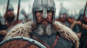 middeleeuws viking krijger met schild en helm leidend een strijd in rekening brengen foto