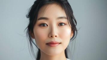 Koreaans vrouw exposities schoonheid en elegantie in een sereen portret met natuurlijk bedenken foto