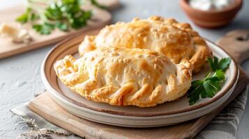 heerlijk empanada gebakje Aan bord met gouden korst en peterselie foto