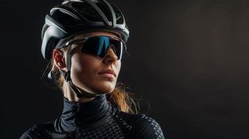 actief vrouw fietser in helm en zonnebril poses vol vertrouwen in sportkleding foto