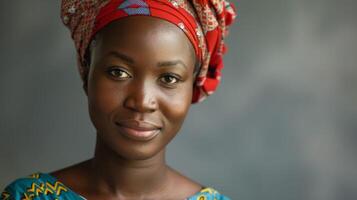 portret van een zelfverzekerd Nigeriaans vrouw in traditioneel hoofddoek en kleding tonen schoonheid en elegantie foto