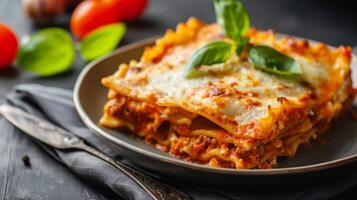 kaas lasagne gegarneerd met basilicum Aan een bord vitrines Italiaans keuken en gebakken pasta perfectie foto