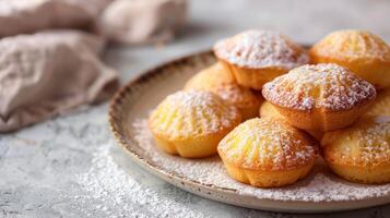 Frans madeleines gebakjes banketbakkerij desserts Aan een bord met gepoederd suiker foto