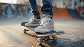 skateboarden sportschoenen vastleggen jeugd en stedelijk levensstijl met beton balans Bij zonsondergang foto