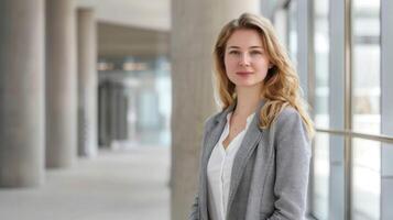 portret van een professioneel vrouw met zelfverzekerd blond elegantie in gewoontjes bedrijf kleding binnen een modern kantoor milieu in Duitsland foto