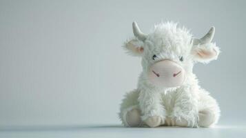 schattig pluizig wit koe pluche speelgoed- zittend Aan pastel achtergrond foto