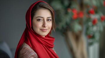 Iraans vrouw in rood hoofddoek portretteert schoonheid, cultuur, en mode met een elegant glimlach foto