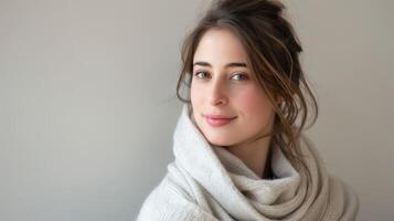 portret van een mooi glimlachen Frans vrouw met ogen van elegantie vervelend een gewoontjes sjaal foto