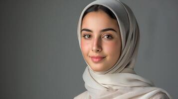 emirati vrouw in hijab portret weergeven schoonheid, cultuur, en traditioneel Arabisch elegantie foto