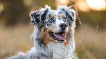 Australisch herder hond portret met blauw ogen en driekleur vacht op zoek gelukkig en alarm buitenshuis foto