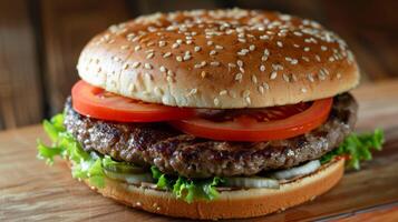 heerlijk hamburger met sesam broodje, tomaat, sla, rundvlees, en kaas geserveerd Aan een houten tafel foto