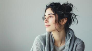 contemplatief vrouw van Argentinië in een knus trui portretteert natuurlijk schoonheid en elegantie foto