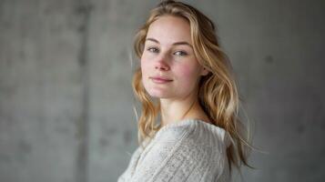 portret van een sereen Zweeds vrouw met natuurlijk schoonheid en blond haar- in een gewoontjes instelling foto