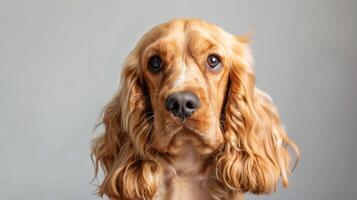 bruin cocker spaniel hond portret met aanbiddelijk pluizig vacht en attent ogen foto