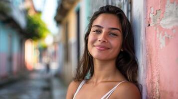 glimlachen braziliaans vrouw poses voor een gewoontjes straat portret tonen vertrouwen, schoonheid, en jeugdig charme foto