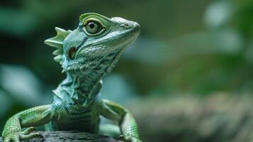 macro schot van een groen basilisk hagedis met gedetailleerd balans en levendig ogen in een natuurlijk dieren in het wild instelling foto