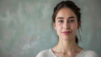 portret van een ontspannen Iers vrouw met een mooi glimlach en groen ogen in een gewoontjes trui foto