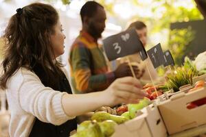 dichtbij omhoog van jong handelaar zetten prijs tags Aan dozen van plaatselijk gegroeid gezond fruit en groenten. vrouw verkoper assisteren klanten terwijl regelen van seizoensgebonden vers biologisch voedsel producten. foto