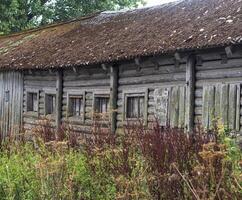 schot van de oud gescheurd hutten in de dorp. landelijk foto