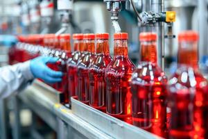 drank productie lijn van fabricage en glas flessen verpakking in fabriek. foto