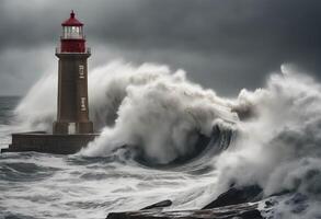 een visie van een vuurtoren met golven crashen over- het foto