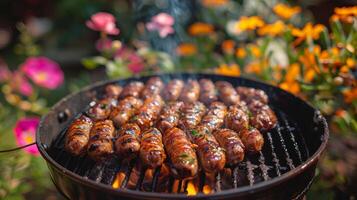 heerlijk worstjes grillen over- houtskool in een bloeiend tuin instelling foto